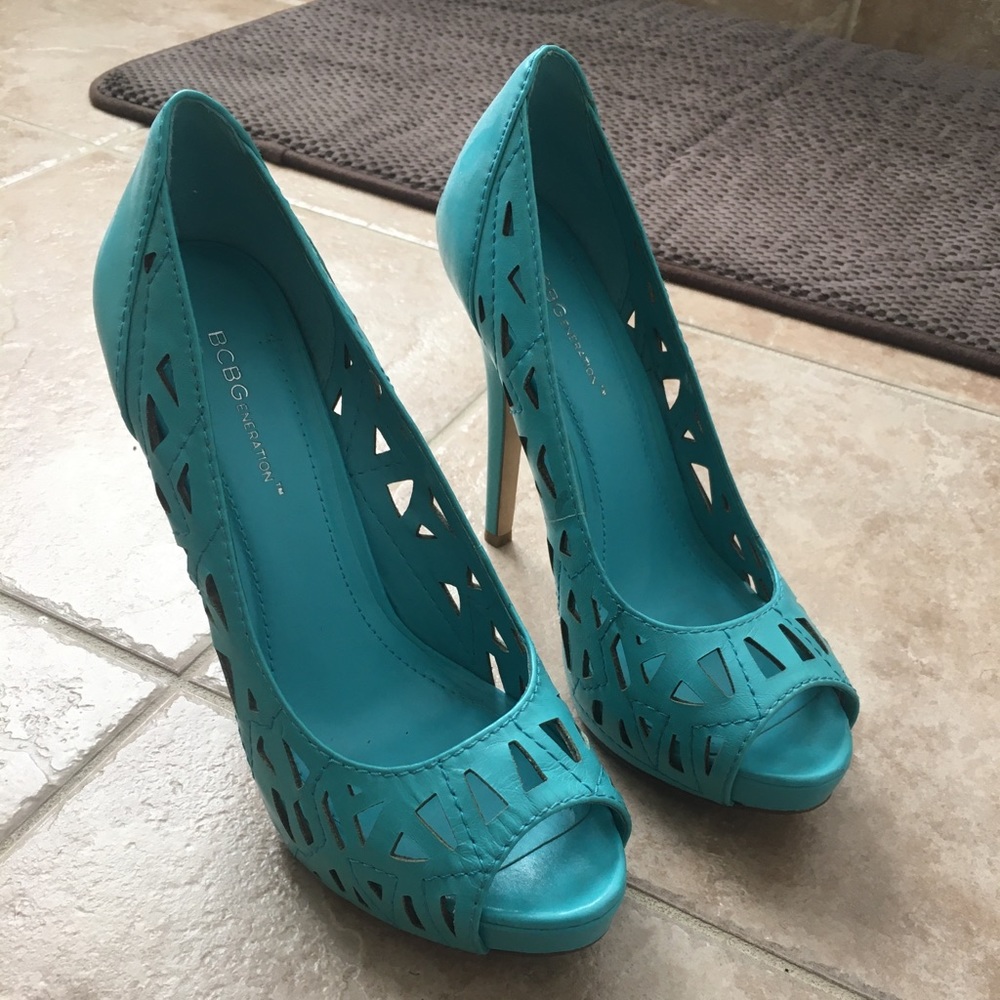 Teal BCBG open toe heels